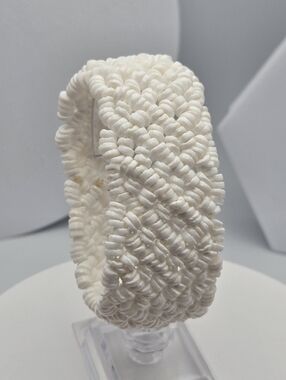 White Beaded Stretch Cuff Bracelet Faux Ostrich Eggshell 1 1/4" Wide Cute